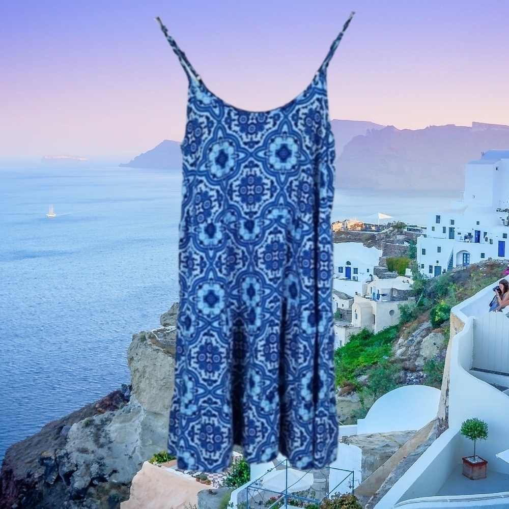 Y2K Mossimo Retro Blue Geo Print Greek Coastal Boho Bohemian Mini Dress XS